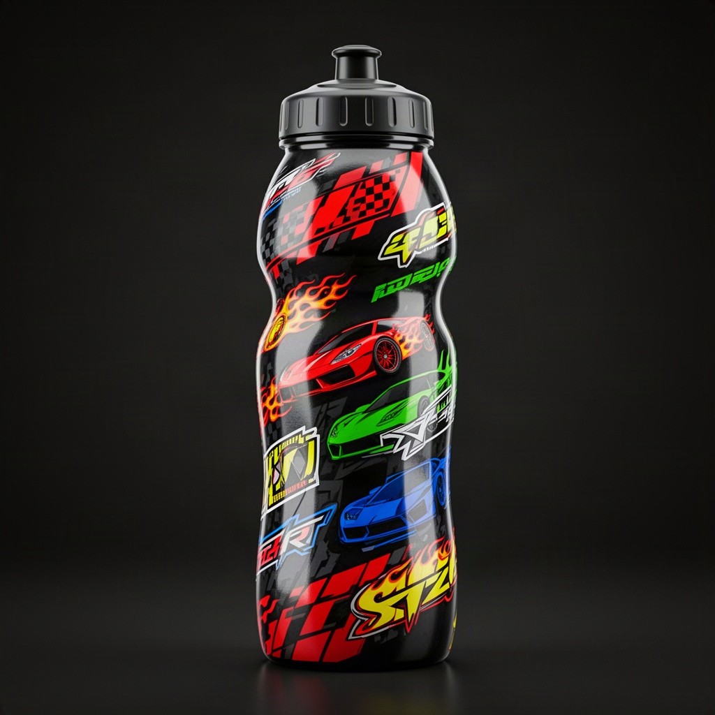 A dynamic design of a sports bottle featuring a collection of vibrant, eye-catching stickers similar to those found on sports cars