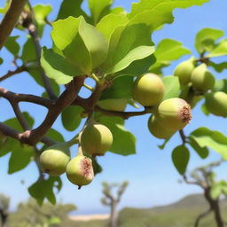 A healthy and vibrant fig tree in full bloom, with several ripe figs hanging from its branches. The background consists of a clear sky, establishing a warm, Mediterranean setting.