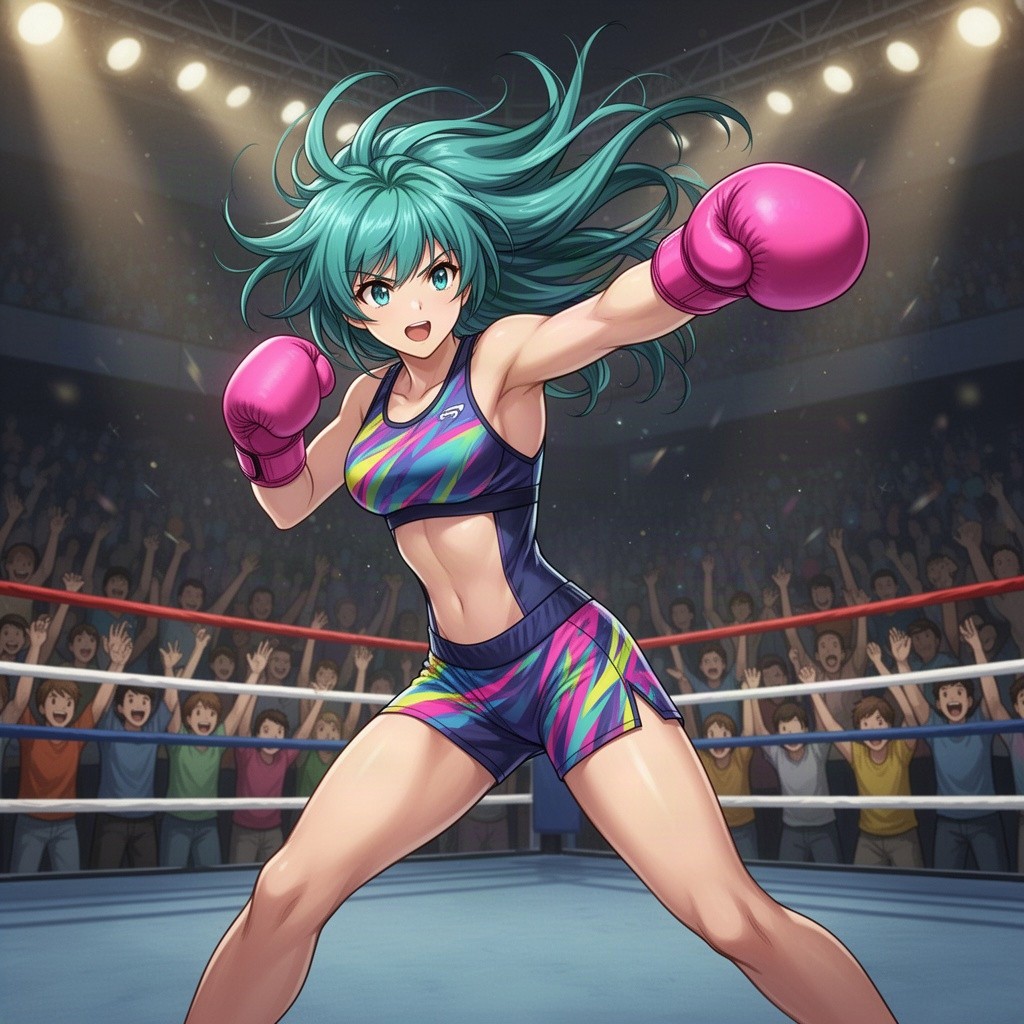 An anime-style female boxer in a dynamic action pose, wearing bright pink boxing gloves and a stylish, form-fitting sports outfit with vivid color patterns