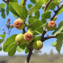 A healthy and vibrant fig tree in full bloom, with several ripe figs hanging from its branches. The background consists of a clear sky, establishing a warm, Mediterranean setting.