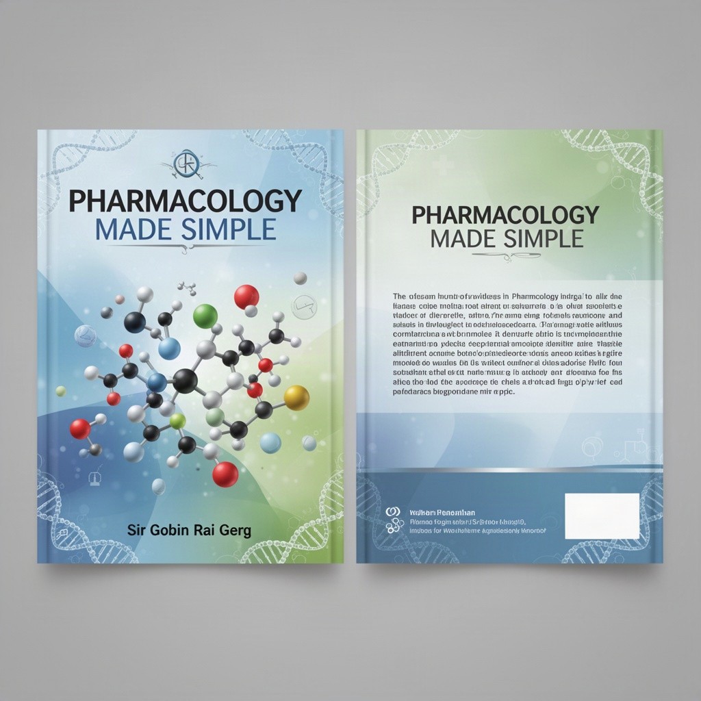 A captivating two-sided cover design for a pharmacology book titled 'Pharmacology Made Simple' by Sir Gobin Rai Gerg