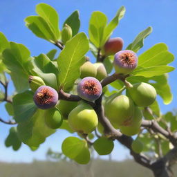 A healthy and vibrant fig tree in full bloom, with several ripe figs hanging from its branches. The background consists of a clear sky, establishing a warm, Mediterranean setting.