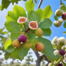 A healthy and vibrant fig tree in full bloom, with several ripe figs hanging from its branches. The background consists of a clear sky, establishing a warm, Mediterranean setting.