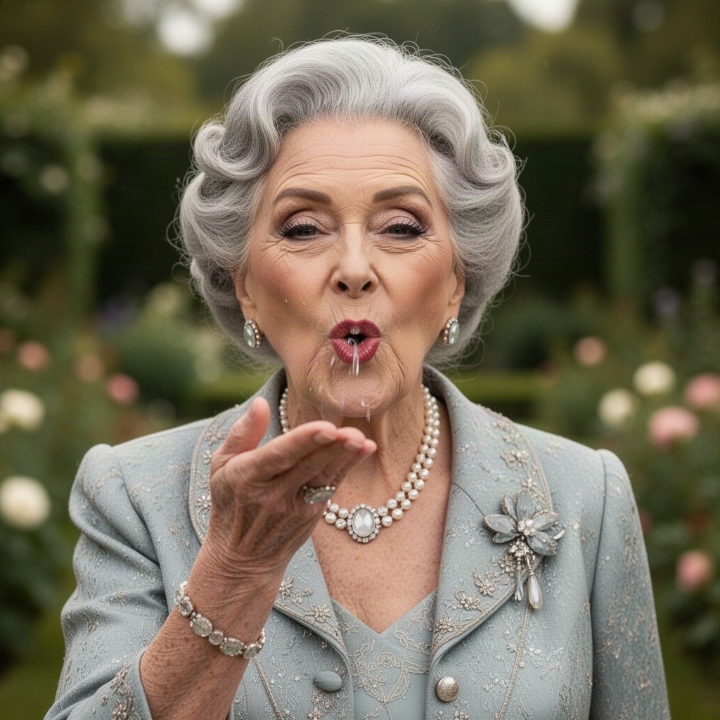 An elegant elderly woman, dressed in a stylish vintage outfit, confidently spitting at the camera with a playful expression