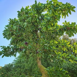 A lush, mature fig tree layered with broad green leaves, heavy with ripe purple figs, under a sunlit sky.