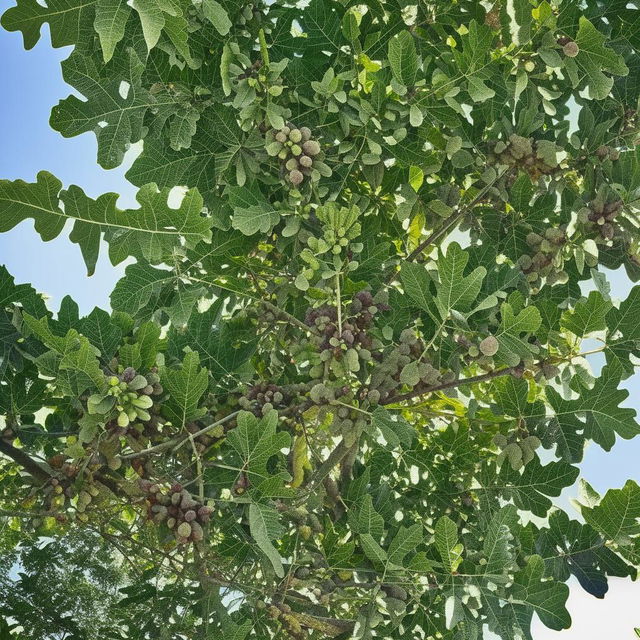 A lush, mature fig tree layered with broad green leaves, heavy with ripe purple figs, under a sunlit sky.