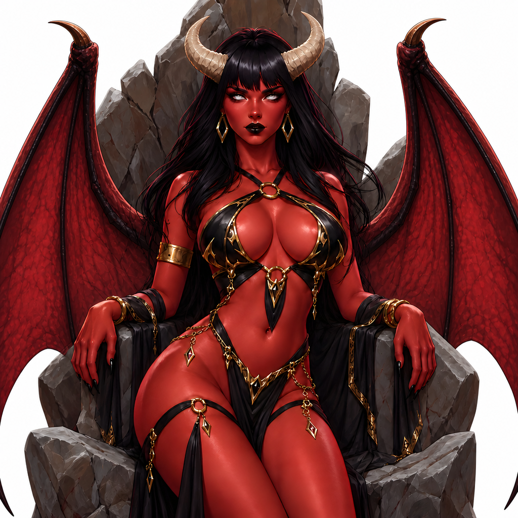 Give her matching red wings and make the background behind throne White