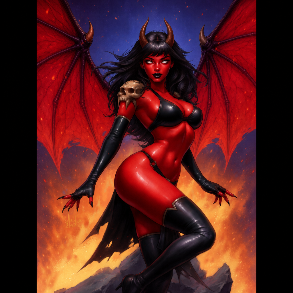 Make skin and wings more red, make lips black, make fingernails black.