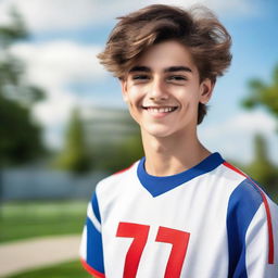 An 18-year-old boy confidently wearing a sports jersey numbered 7, with an optimistic and dynamic background