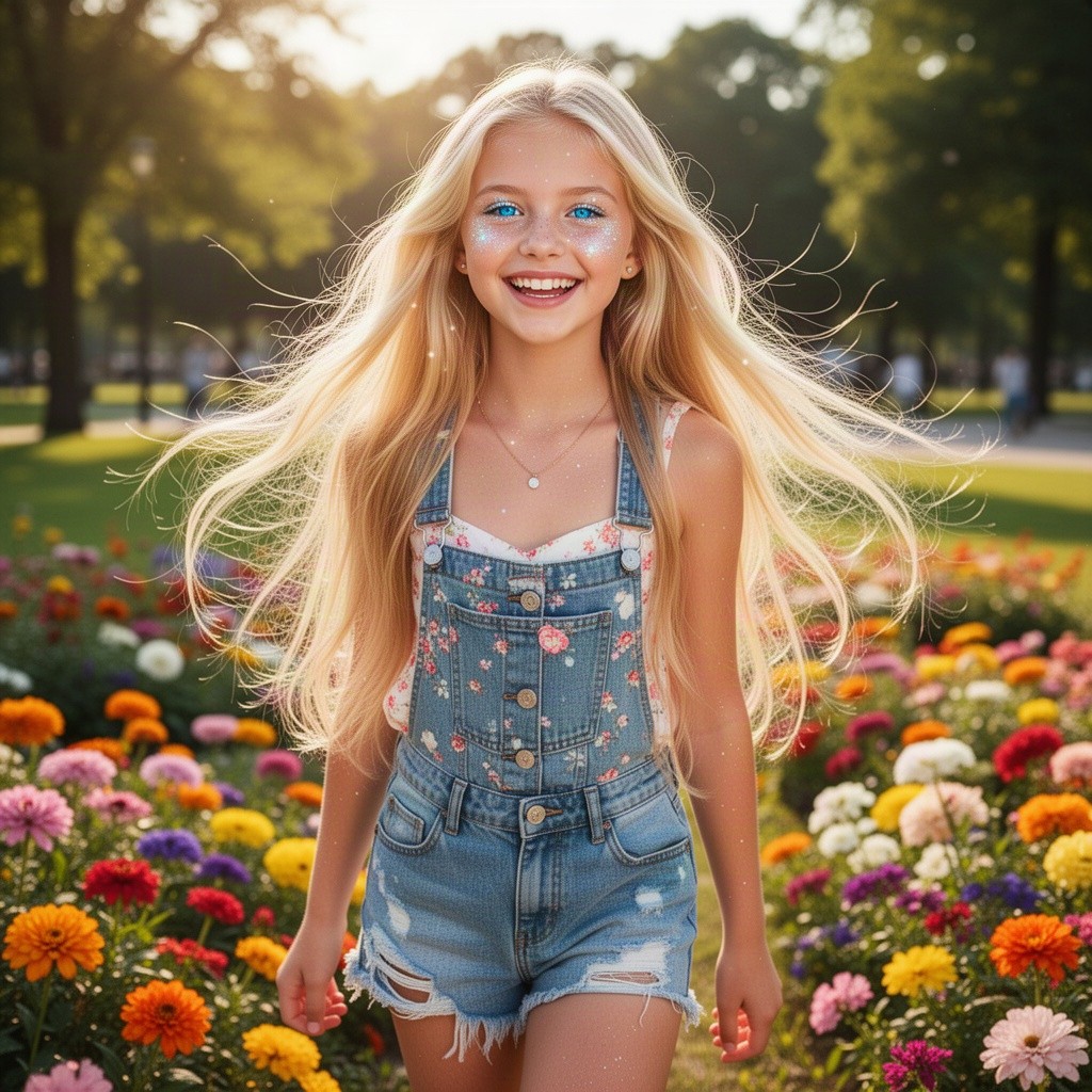 A stunning teenage blonde girl with long, flowing hair, wearing a fashionable summer outfit, smiling happily while standing in a vibrant, sunlit park surrounded by colorful flowers