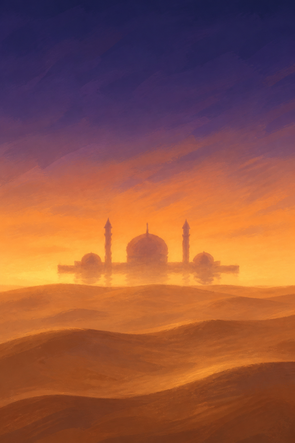 here is an image for a book cover. Can you make it more painterly, and have the mirage shimmering?