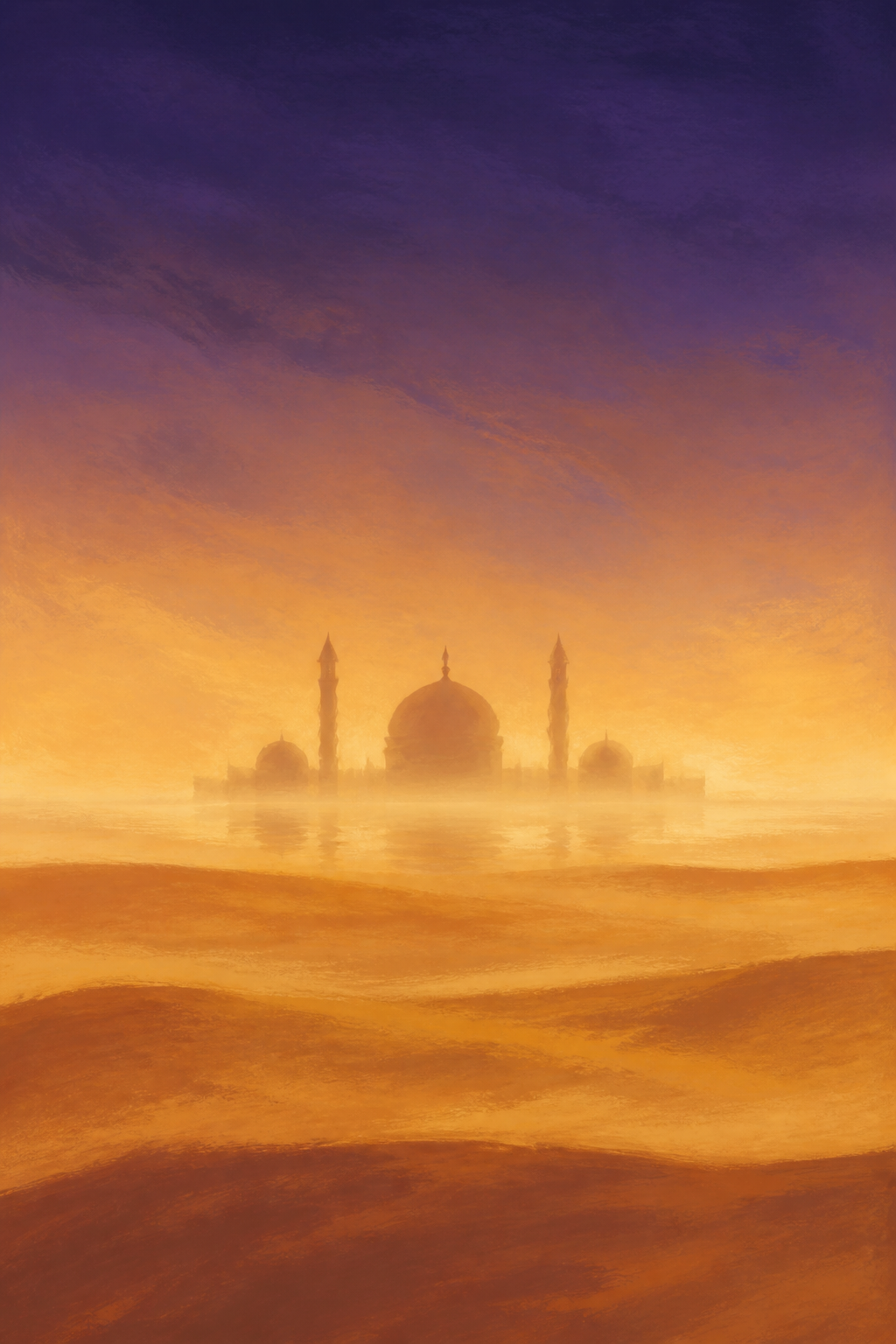 here is an image for a book cover. Can you make it more painterly, and have the mirage shimmering?