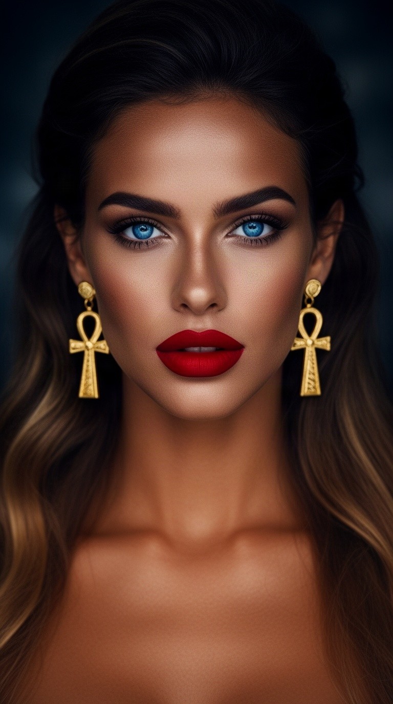A beautiful woman with slightly darker skin, reminiscent of an Egyptian woman, featuring striking blue eyes and dramatic red lips