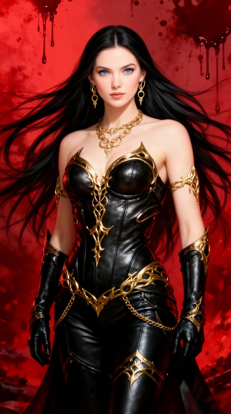 A striking fantasy character with a lighter skin tone, featuring long flowing black hair