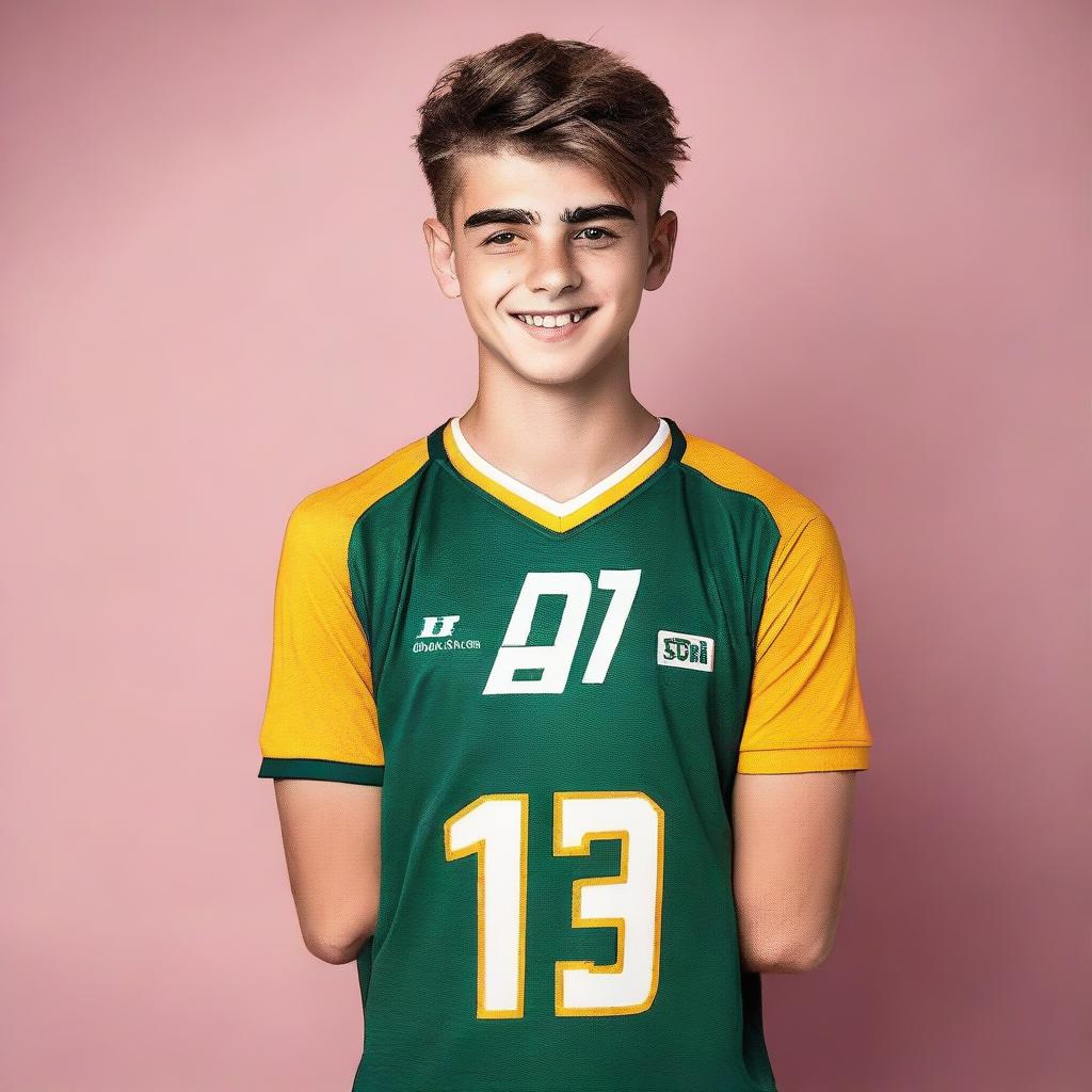 An 18-year-old boy confidently wearing a sports jersey numbered 7, with an optimistic and dynamic background