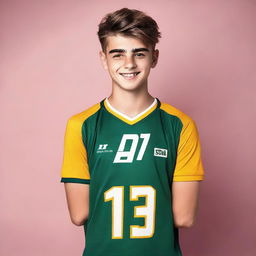 An 18-year-old boy confidently wearing a sports jersey numbered 7, with an optimistic and dynamic background