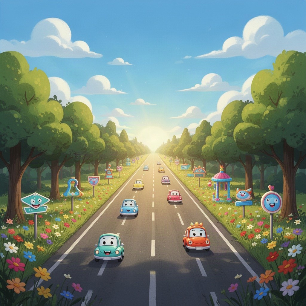 A 2D illustration of a vibrant road scene, featuring a straight highway that stretches into the horizon