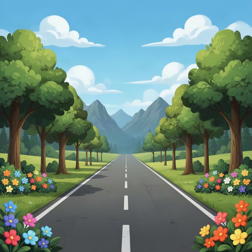 A vibrant 2D illustration of a road scene, featuring a straight asphalt road stretching through a picturesque landscape