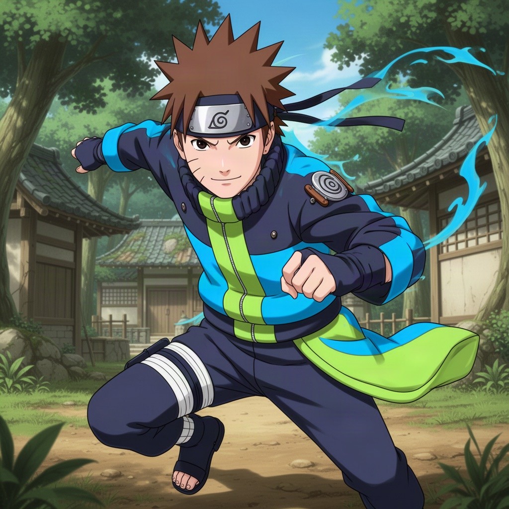 A Naruto Shippuden original character (OC) with striking brown spiky hair and piercing dark eyes, proudly wearing a hidden leaf village headband
