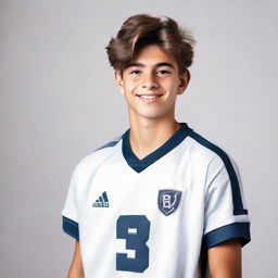 An 18-year-old boy confidently wearing a sports jersey numbered 7, with an optimistic and dynamic background