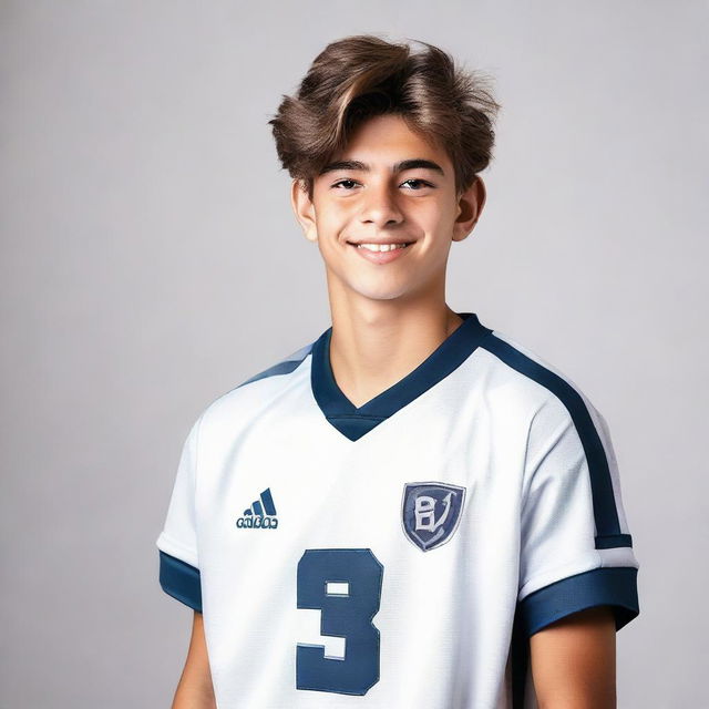 An 18-year-old boy confidently wearing a sports jersey numbered 7, with an optimistic and dynamic background