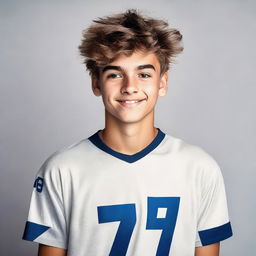 An 18-year-old boy confidently wearing a sports jersey numbered 7, with an optimistic and dynamic background