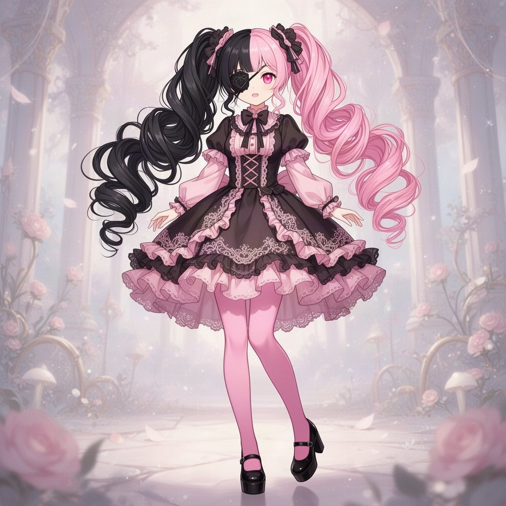 A beautifully designed anime girl with long, dazzling hair styled in twin curly pigtails, featuring one side black and the other pink