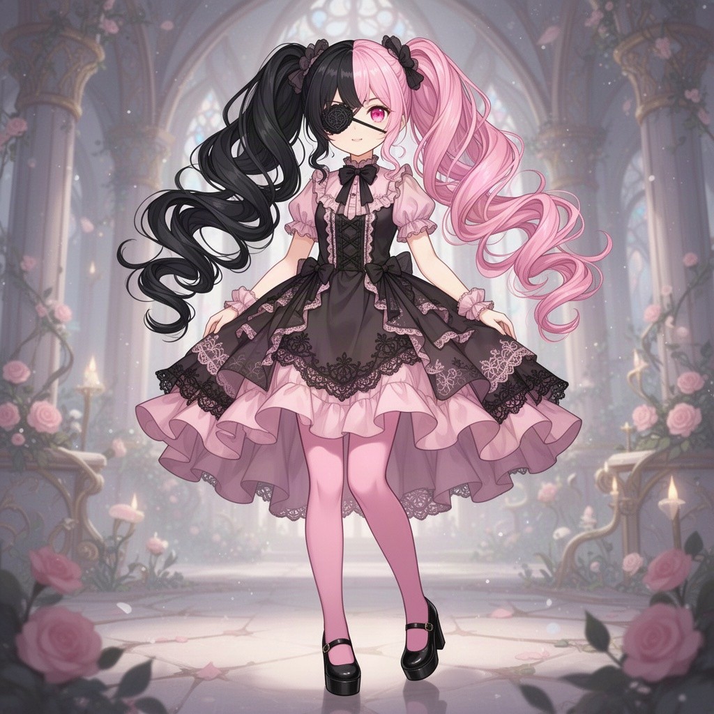 A beautiful young anime girl with long, dazzling black and pink hair styled in playful twin curly pigtails, one side black and the other pink