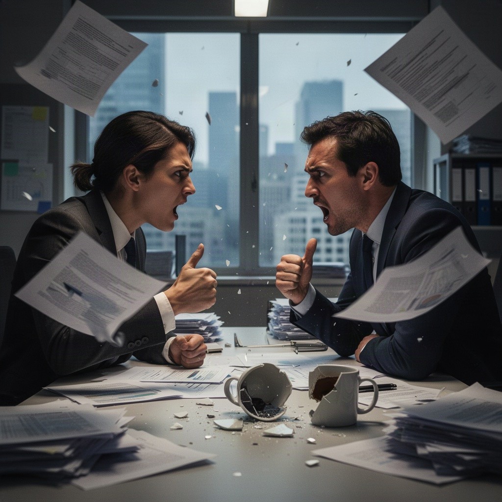 An expression of workplace aggression captured in a dramatic office setting