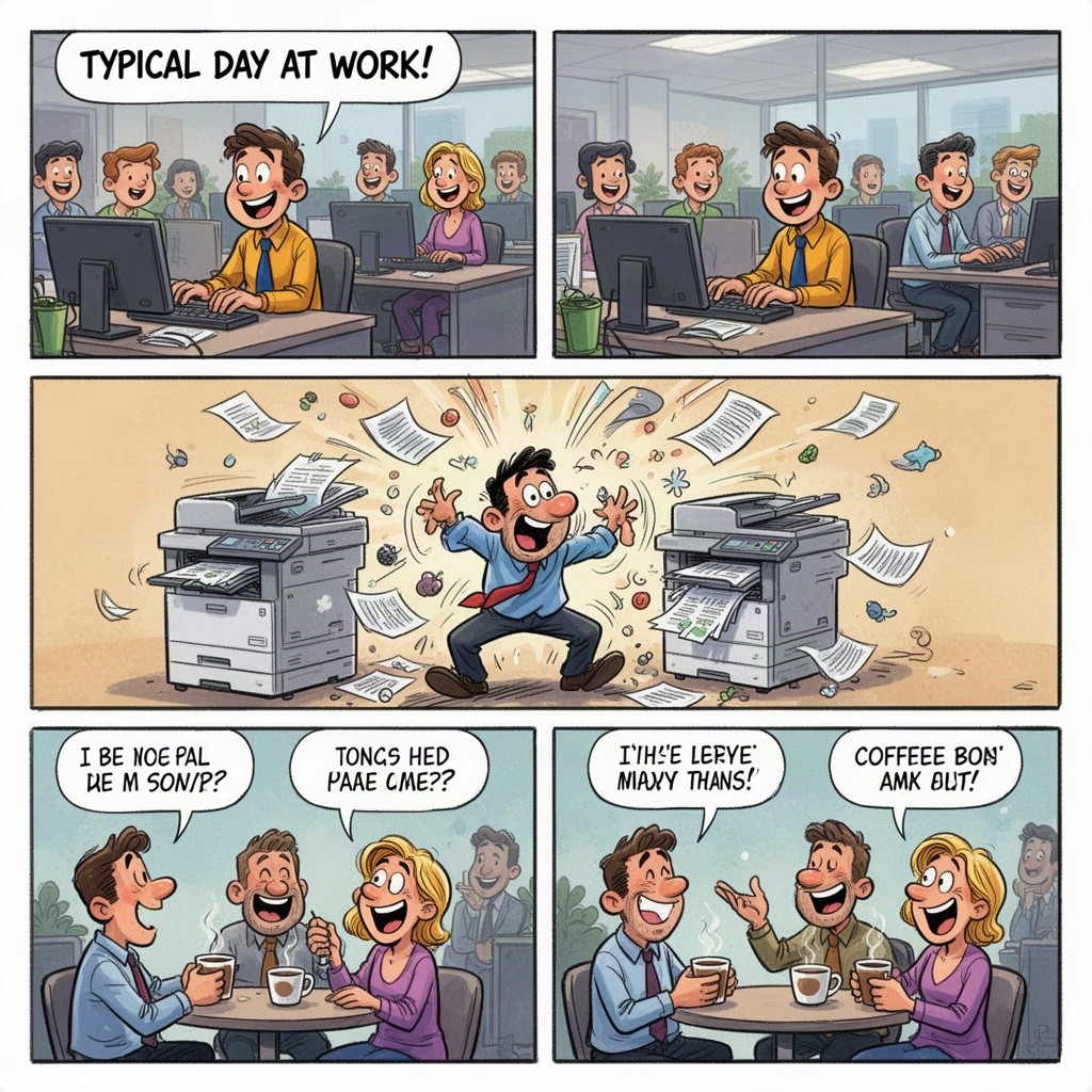 A vibrant and humorous comic strip illustrating a typical day at work