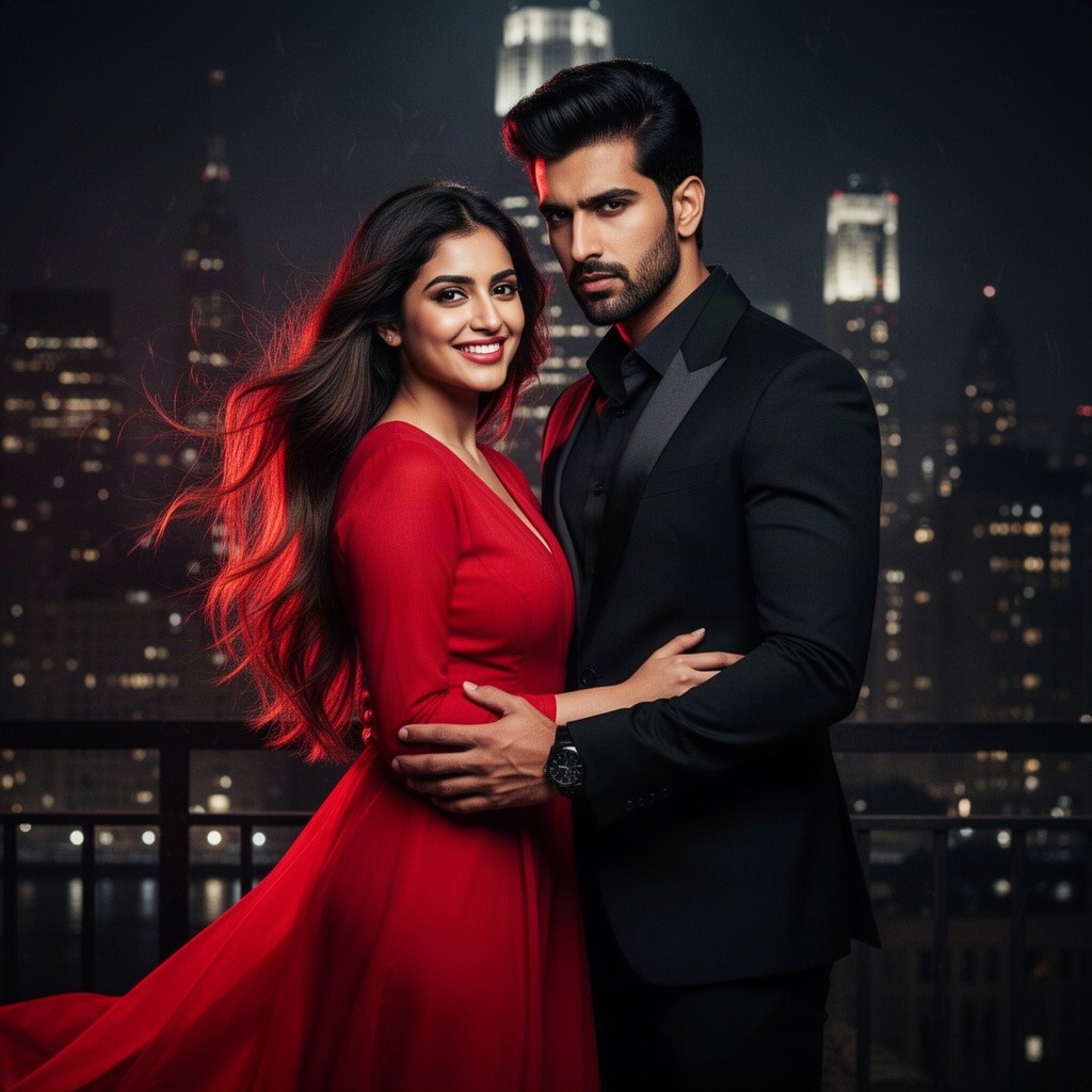 A dramatic couple's pose featuring Esha Arora, portrayed in vibrant shades of red, symbolizing her fiery spirit and resilience