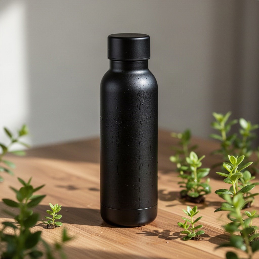 A sleek, modern water bottle made of stainless steel, featuring a minimalist design with a matte black finish