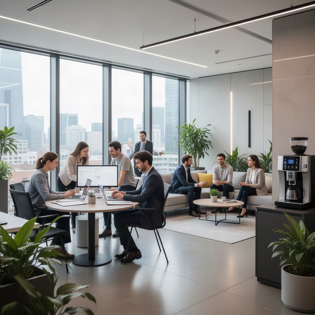 A modern office space with sleek furniture, large windows allowing natural light to flood in, and minimalistic decor
