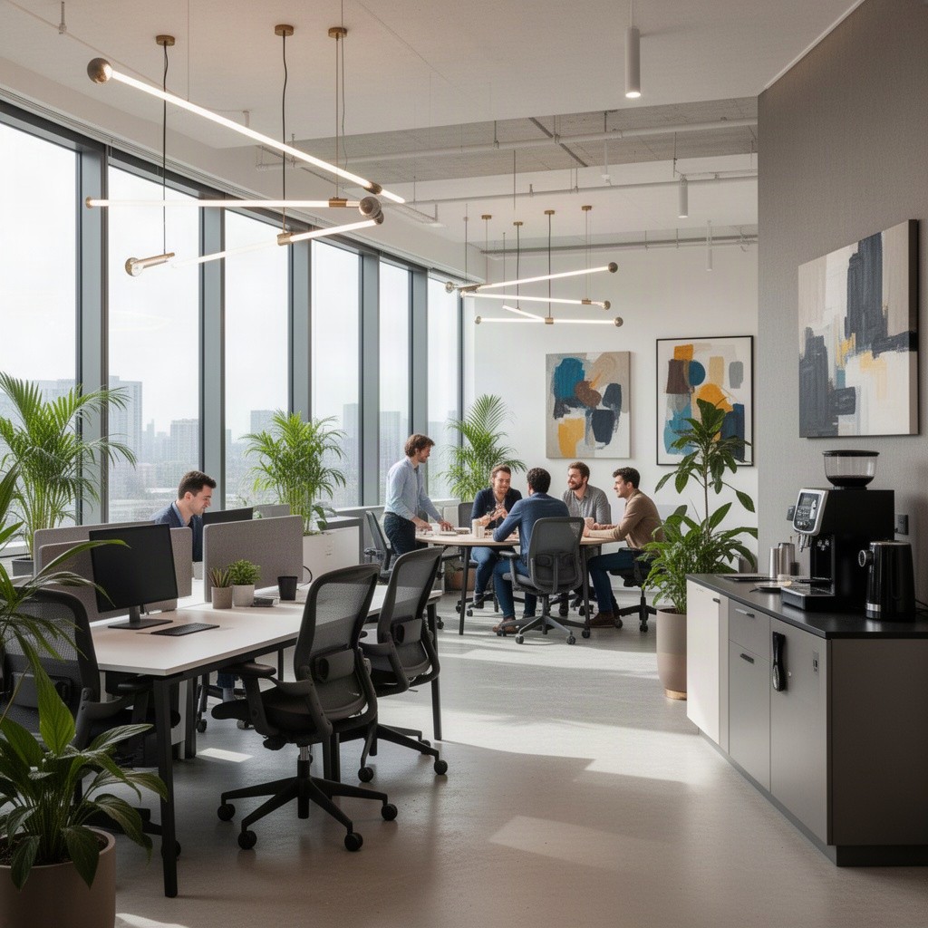 A modern office interior featuring sleek desks and ergonomic chairs, large windows allowing natural light to flood in, plants strategically placed around the room, and a collaborative workspace with people engaging in discussions