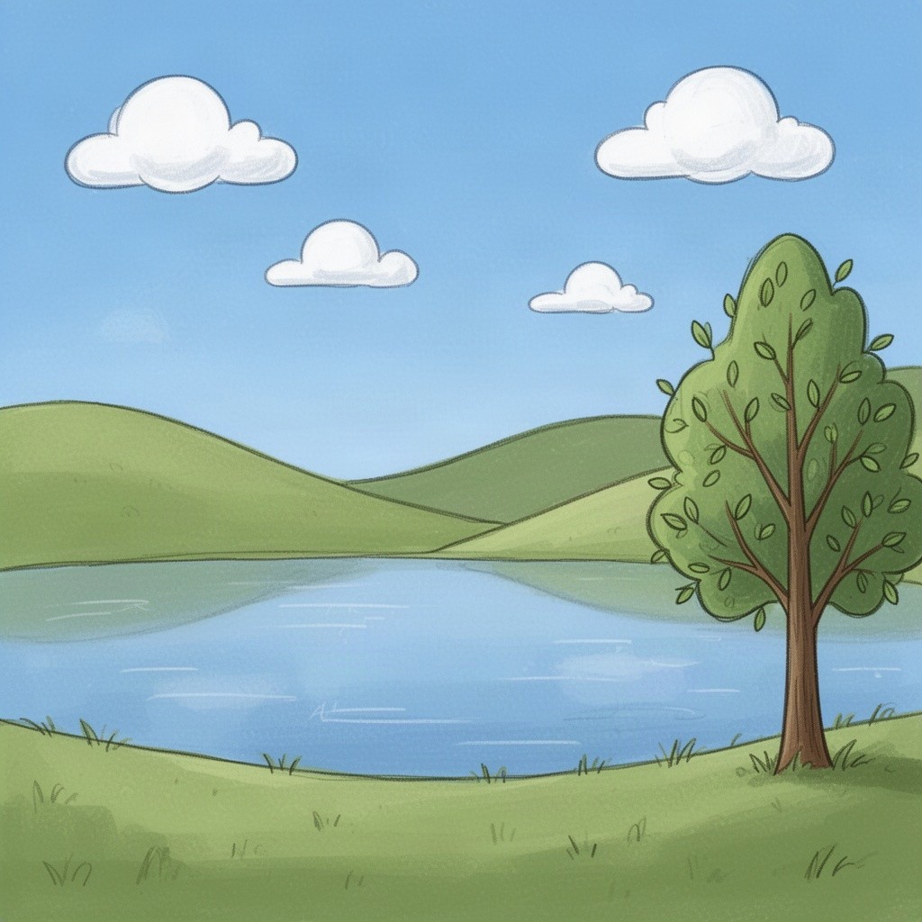 A simple and easy drawing of a serene landscape, featuring a calm lake surrounded by gentle rolling hills under a bright blue sky