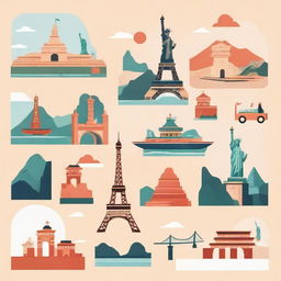 A thumbnail featuring the theme of travel. Include iconic world landmarks like The Eiffel Tower, The Statue of Liberty, and The Great Wall of China.