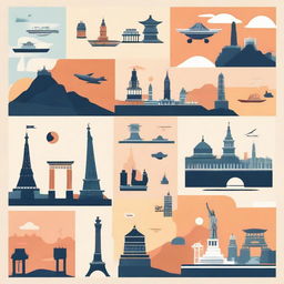 A thumbnail featuring the theme of travel. Include iconic world landmarks like The Eiffel Tower, The Statue of Liberty, and The Great Wall of China.