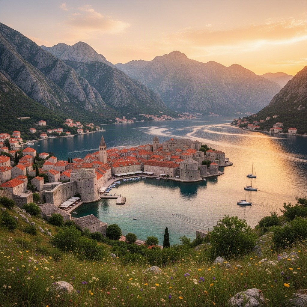 A breathtaking landscape of Montenegro featuring the stunning Bay of Kotor, with dramatic mountains rising steeply from the sapphire waters