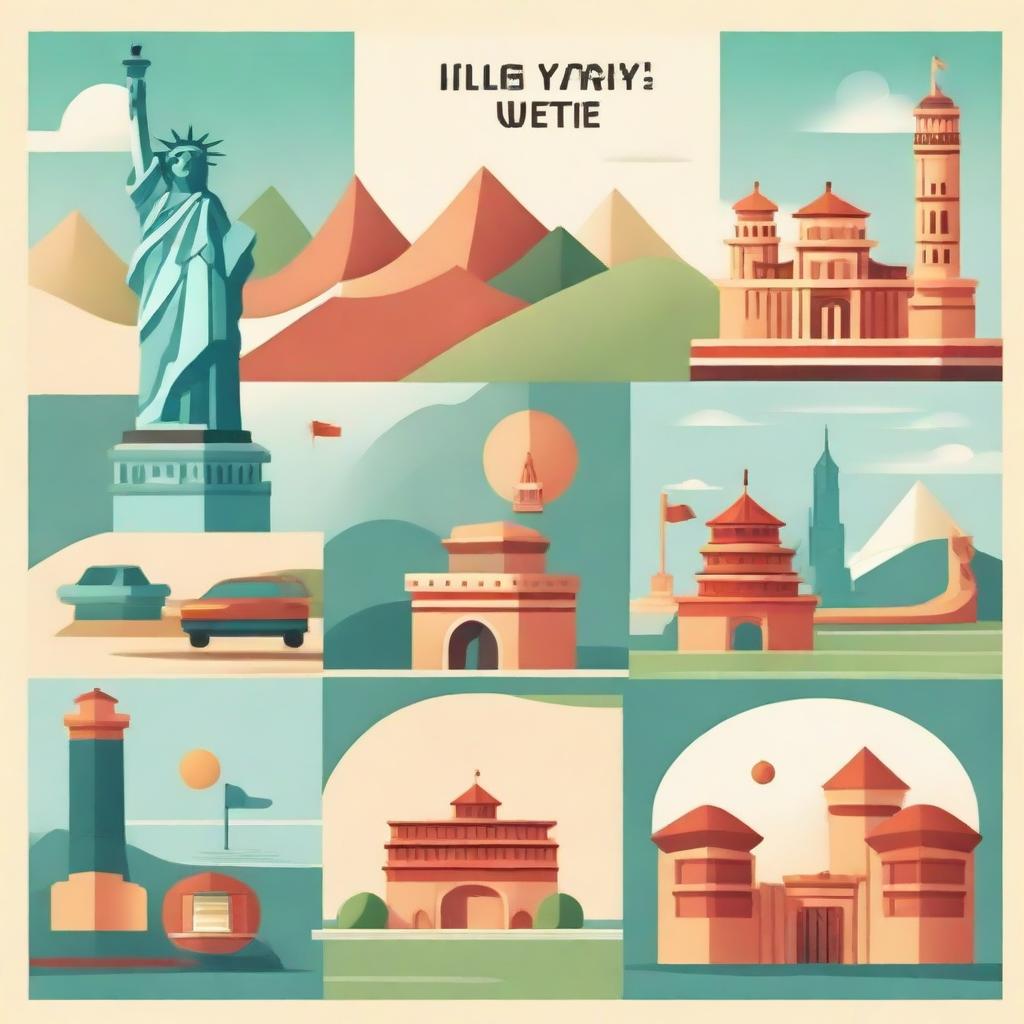 A thumbnail featuring the theme of travel. Include iconic world landmarks like The Eiffel Tower, The Statue of Liberty, and The Great Wall of China.