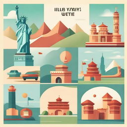 A thumbnail featuring the theme of travel. Include iconic world landmarks like The Eiffel Tower, The Statue of Liberty, and The Great Wall of China.