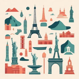 A thumbnail featuring the theme of travel. Include iconic world landmarks like The Eiffel Tower, The Statue of Liberty, and The Great Wall of China.