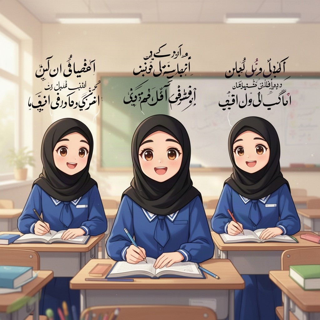 An illustration of three attractive anime girls wearing black hijabs and school uniforms in blue