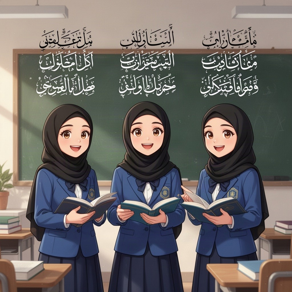 An illustration of three attractive anime girls in a classroom setting, standing in front of a blackboard