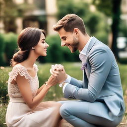 A charming young man dressed in a stylish attire, seated on one knee amidst a romantic environment, extending an engagement ring towards a surprised girl.