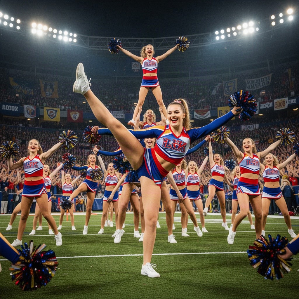 A dynamic and energetic scene of cheerleaders performing at a sports event, showcasing their acrobatic skills and synchronized movements
