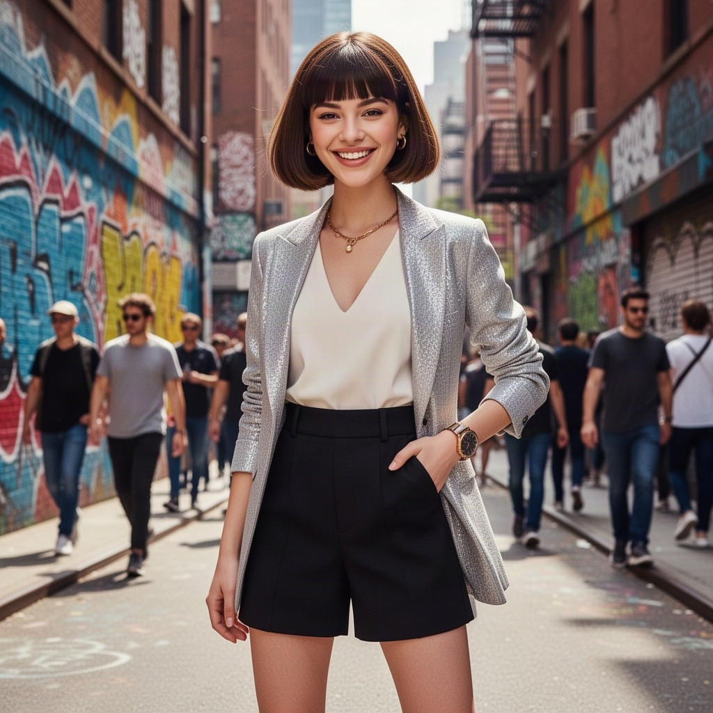A stylish and confident young woman resembling Lucy Van Pelt from the Peanuts comic strip, wearing a modern and chic outfit