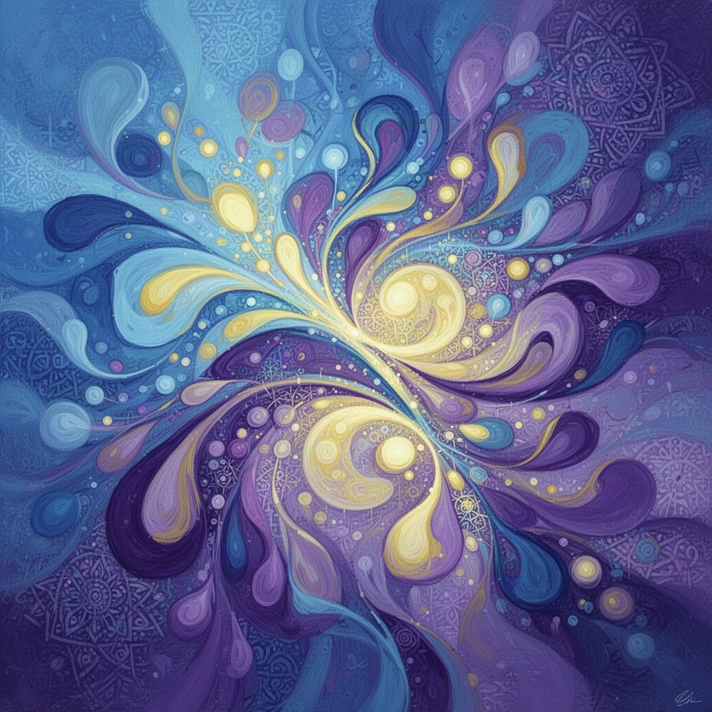 A vibrant abstract composition featuring a multitude of swirling shapes and colors, evoking a sense of dynamic movement and energy