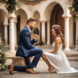 A charming young man dressed in a stylish attire, seated on one knee amidst a romantic environment, extending an engagement ring towards a surprised girl.