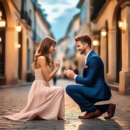 A charming young man dressed in a stylish attire, seated on one knee amidst a romantic environment, extending an engagement ring towards a surprised girl.