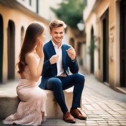 A charming young man dressed in a stylish attire, seated on one knee amidst a romantic environment, extending an engagement ring towards a surprised girl.